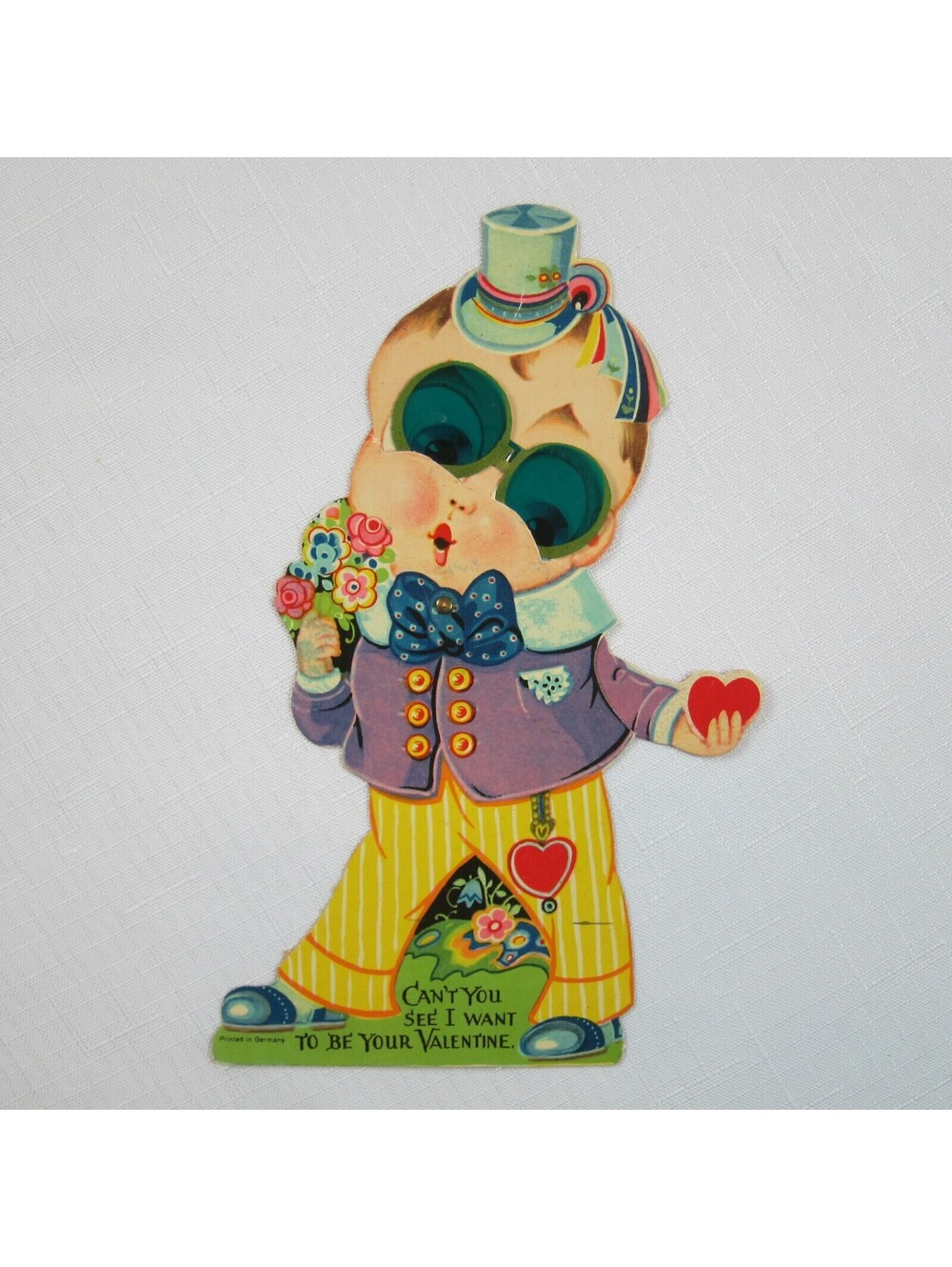 Vintage Valentine Card Mechanical XL Boy Moving Eyes Arm Stand Up Germany 20-30s